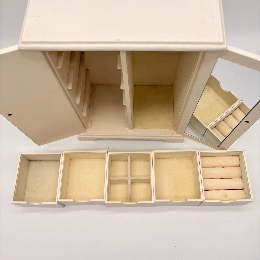 Vintage Shabby Chic White Floral Jewelry Armoire Rose Trinket Box Organizer
